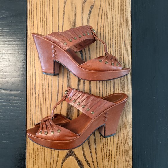 Frye Leather Wedge Slides in Brown - Picture 9 of 10